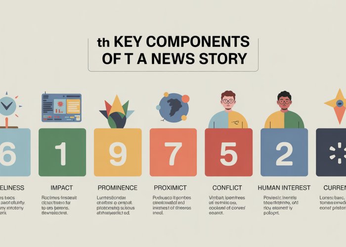 Infographic illustrating the seven key components of a news story: timeliness, impact, prominence, proximity, conflict, human interest, and currency.