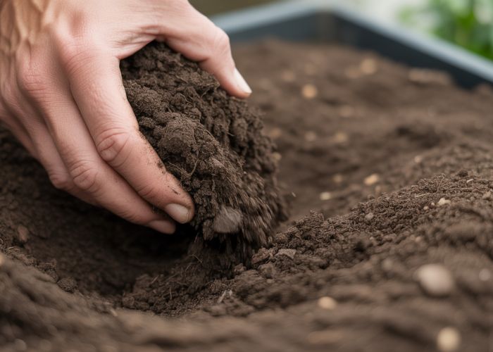 Hand mixing dark compost and lighter soil to demonstrate the ideal ratio for healthy plant growth.