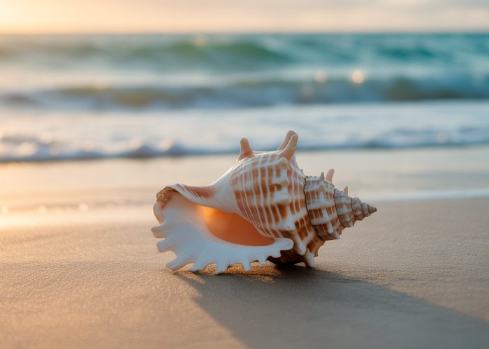 Golden conch shell lying on a sandy beach, representing leadership and order in Lord of the Flies.