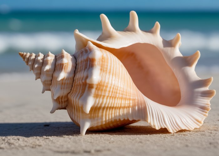 Close-up of a conch shell on a beach, reminiscent of Lord of the Flies