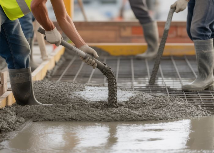 Construction workers pouring concrete into forms using vibration equipment.