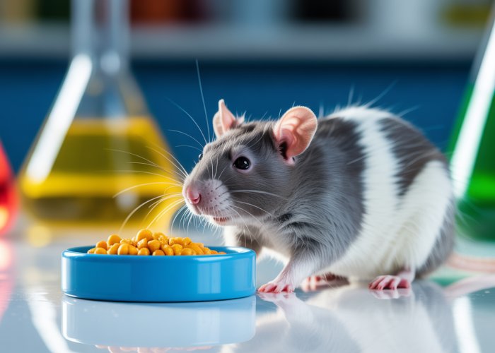 A lab rat cautiously approaching brightly colored food, illustrating conditioned taste aversion.