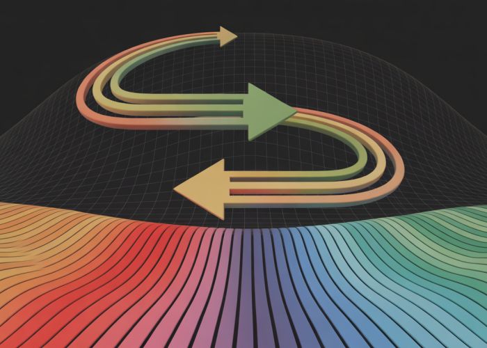 3D visualization of a conservative vector field with arrows and scalar potential surface demonstrating path-independence and energy conservation.