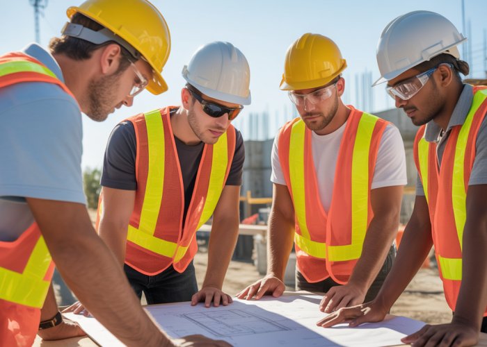 Construction workers collaborating on a blueprint at a construction site, emphasizing teamwork and working in units.
