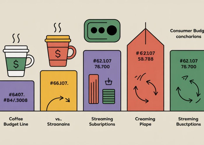 Infographic explaining the consumer budget line with examples of coffee and streaming subscriptions showing how changes in income and price affect purchasing choices.
