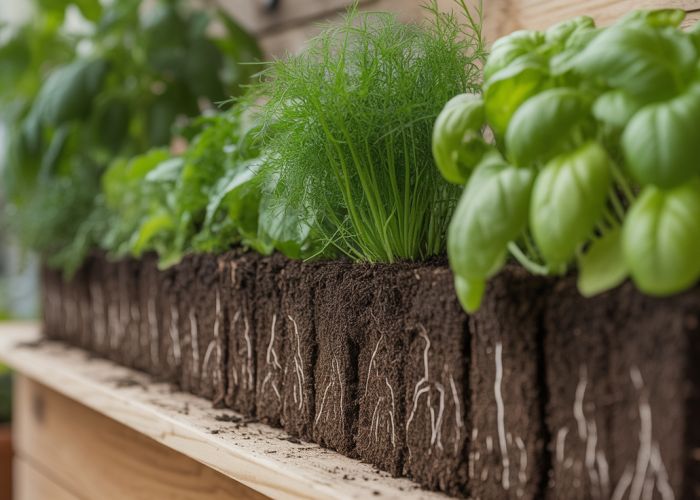 Close-up of thriving vegetable plants in a container garden, showcasing rich, dark container garden soil.