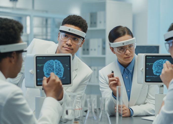 Cognitive psychology experiment in progress with participants wearing EEG and eye-tracking equipment.