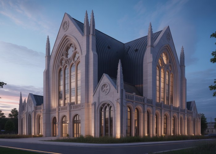 Contemporary gothic architecture building with pointed arches and modern materials at twilight.