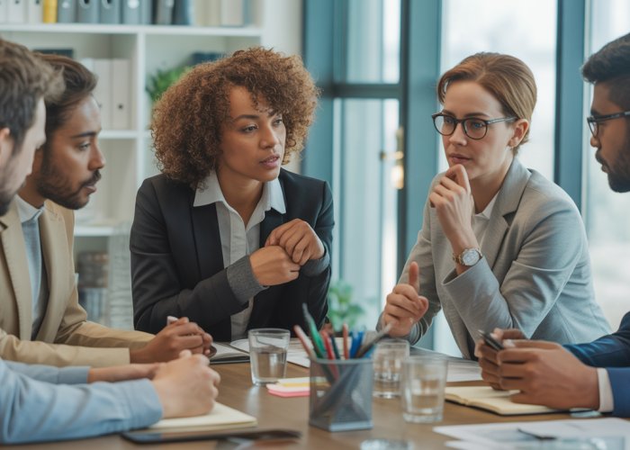 Diverse team collaborating and communicating effectively around a table in a modern office.