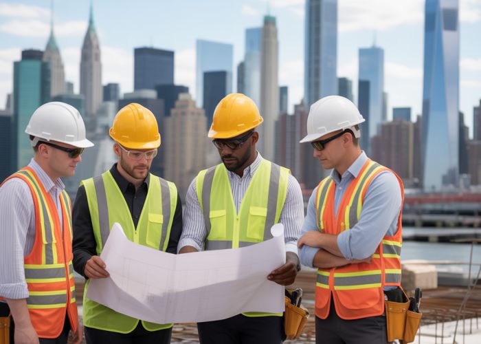 Construction workers reviewing blueprints in NYC. Contractor license required in NY.
