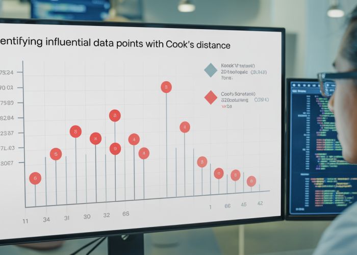 Data scientist analyzing a scatter plot, highlighting the importance of Cook's Distance threshold for identifying influential outliers.