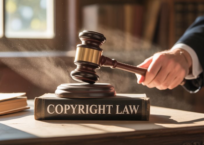 Gavel striking a book labeled Copyright Law, representing the expiration of copyright terms.