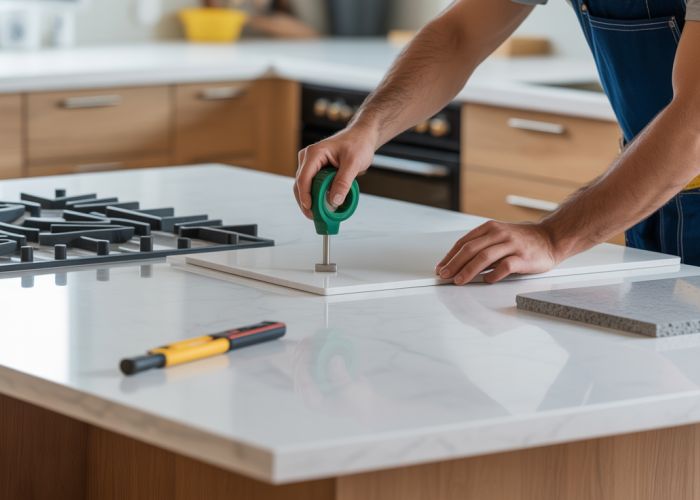 Corian countertop installation in modern kitchen setting, showcasing seamless joints and smooth surface.