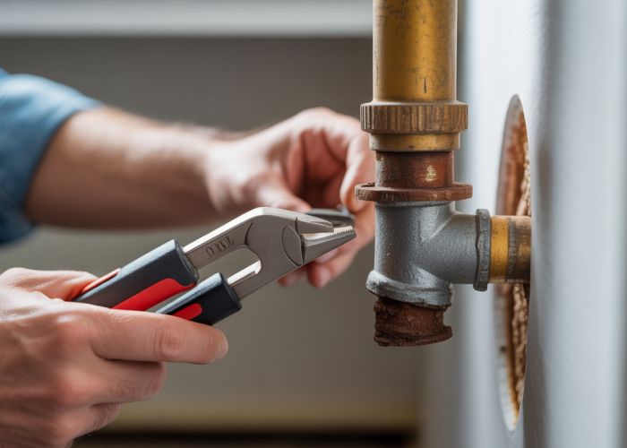 Plumber repairing corroded pipe in home plumbing system.
