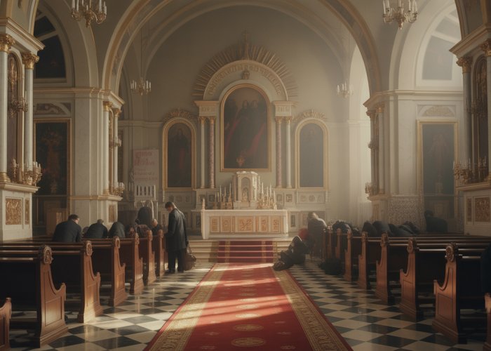 Opulent church interior contrasted with suffering parishioners, symbolizing corruption in religious institutions.