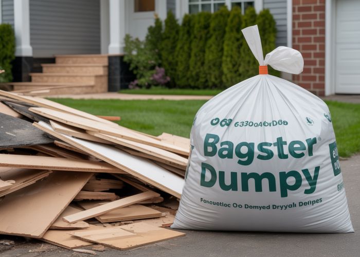 Filled Bagster dumpy bag in a driveway surrounded by construction debris, highlighting the cost-effectiveness of this dumpster alternative.