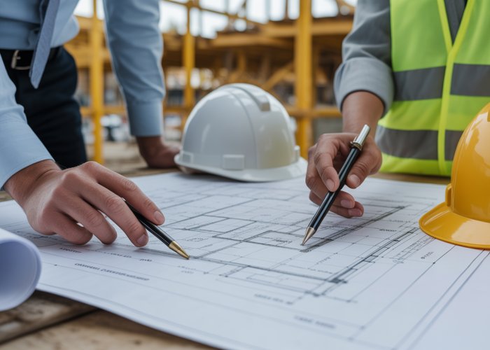 Project manager and cost accountant reviewing construction blueprints, illustrating cost-plus costing in action.