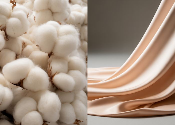 Cotton fibers versus a rayon dress, illustrating the difference in texture and appearance between the two fabrics.