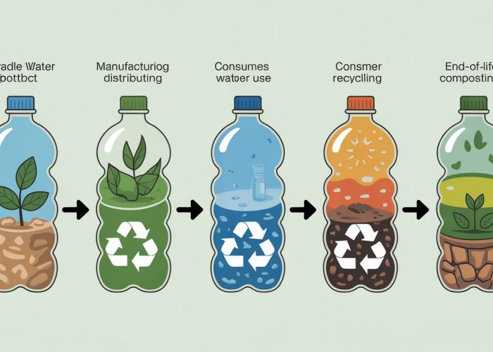 Illustration showing the complete cradle-to-grave lifecycle of a plastic water bottle, from raw material extraction to disposal.