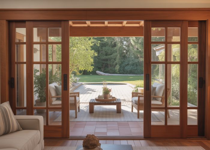 Craftsman style patio door connecting living room to a furnished outdoor patio.