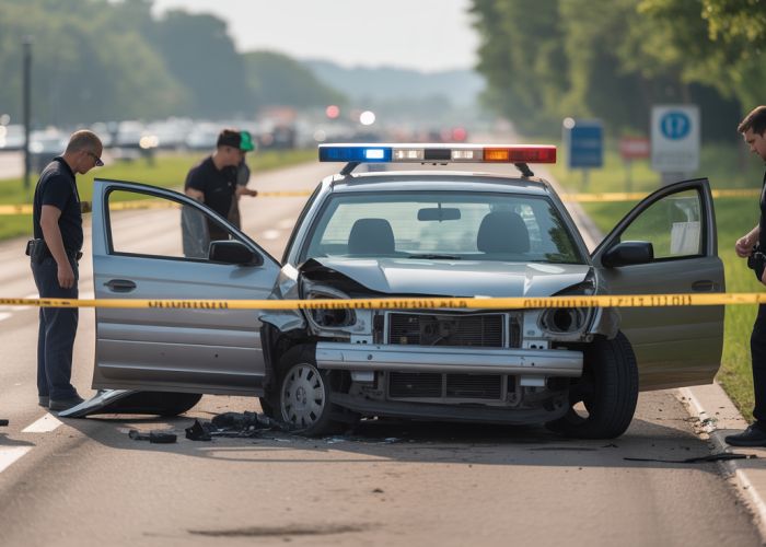 Crash investigation site with police tape and investigators examining vehicle wreckage.