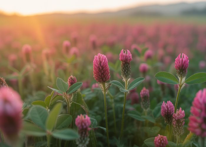 Field of crimson clover blooming, representing prosperity and good luck.