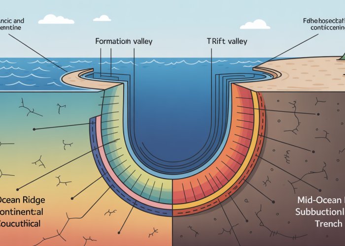 Diagram comparing oceanic and continental crust with a mid-ocean ridge and subduction zone trough.