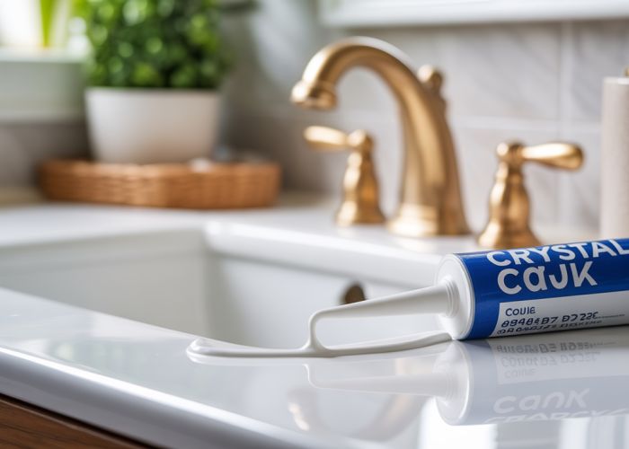 Invisible crystal clear caulk around a bathroom sink creates a seamless, watertight seal.