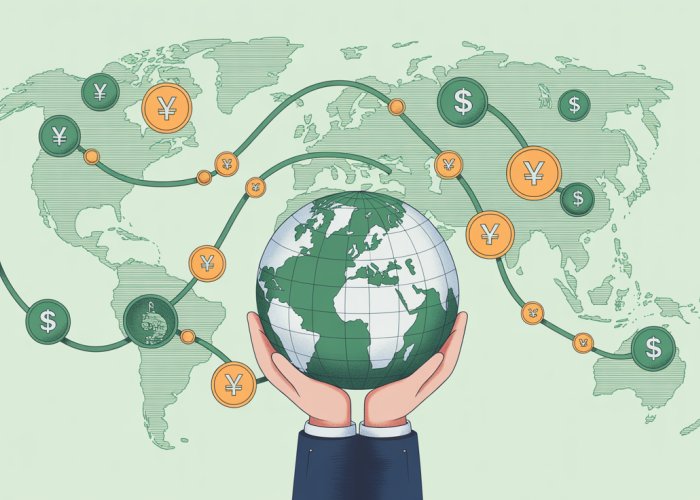 Abstract illustration of currency translation adjustments, featuring fluctuating lines and interwoven currency symbols.