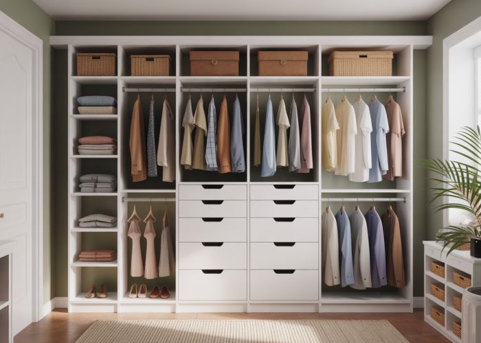 Custom closet in a Rheems home featuring organized shelves, drawers, and hanging rods for efficient storage.