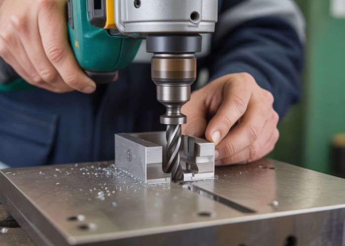 Worker using a cutting drill to precisely cut through metal in a workshop.