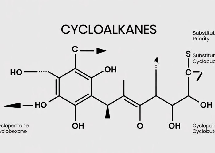 IUPAC nomenclature rules for cycloalkanes, showing substituent priority and numbering.