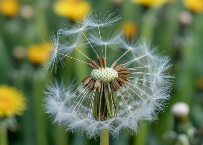 Dandelion seed head showcasing K-strategy reproduction through widespread seed dispersal.