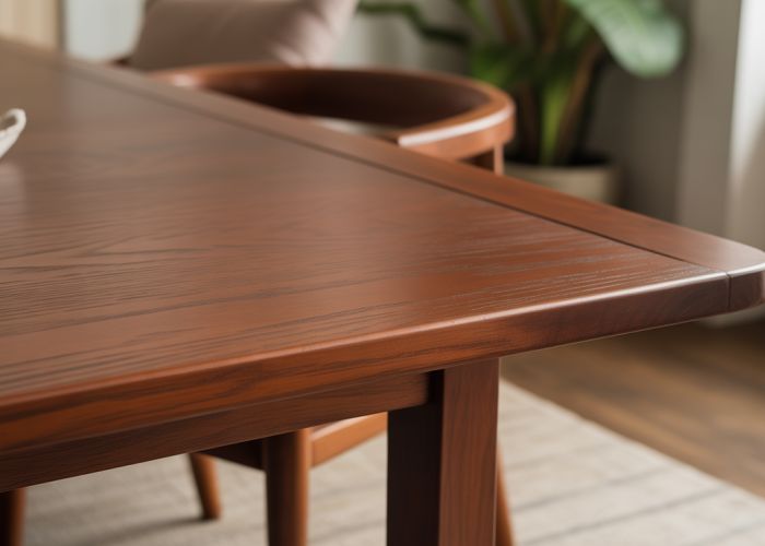 Wooden table with a dark cherry stain showcasing the wood grain.