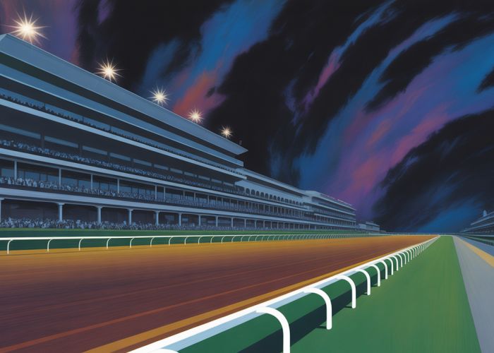 Abstract artwork depicting dark matter influencing the Belmont Stakes racetrack, showcasing unseen forces with blues, purples, and blacks.