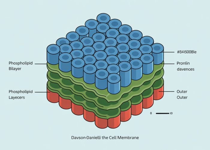 Diagram of the Davson-Danielli model of the cell membrane, showing a phospholipid bilayer sandwiched between two protein layers.