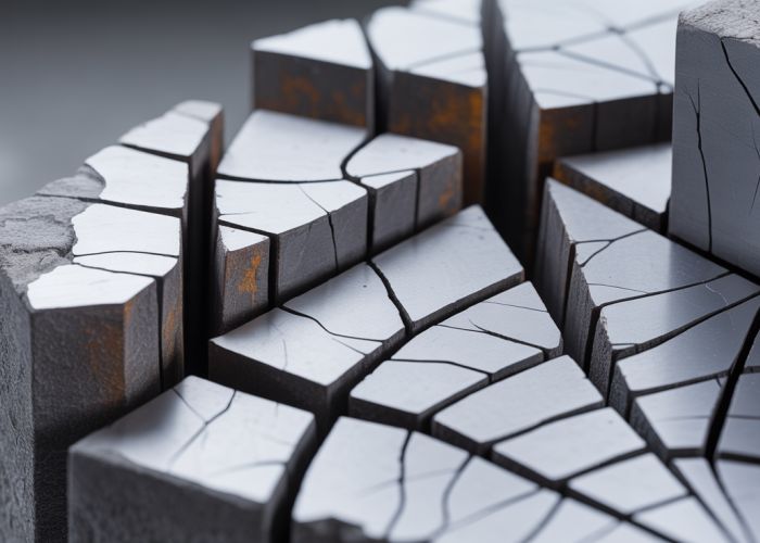 Brittle fracture surface of steel tested below its Ductile-Brittle Transition Temperature (DBTT).