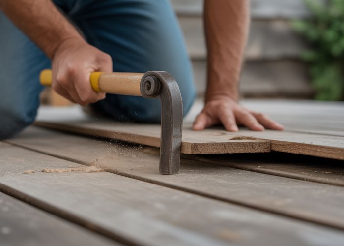Close-up of a pry bar being used to remove a damaged deck board, showcasing the wood grain and leverage needed for removal.