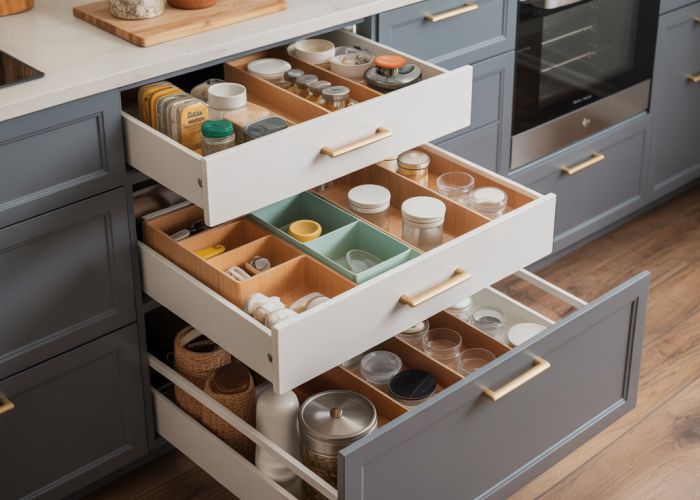 Deep kitchen drawers with custom organization solutions for efficient storage of pots, pans, and utensils.