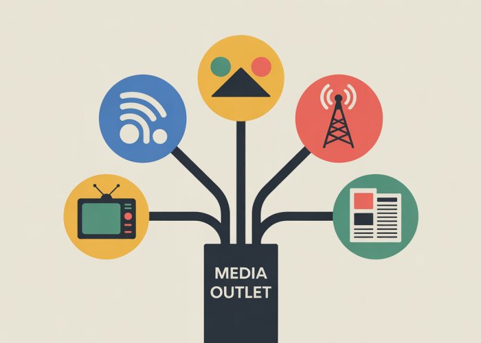 Diagram showing interconnected media sources leading to a central 'Media Outlet' hub, illustrating the definition of a modern media outlet.