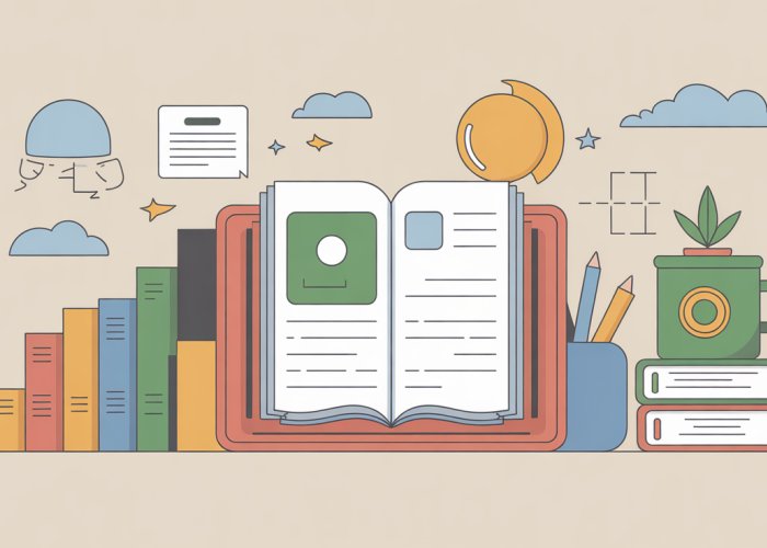 Illustration of a lightbulb illuminating a complex text, symbolizing understanding central ideas.