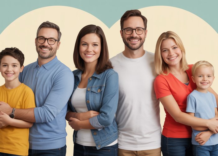 Diverse group of people representing different family structures: a same-sex couple with children, a single mother with her child, a blended family, and a group of friends who consider themselves chosen family.