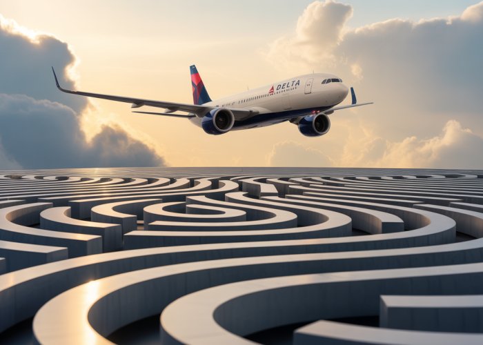 Delta Airlines plane navigating through stormy weather, symbolizing the challenges facing the company.