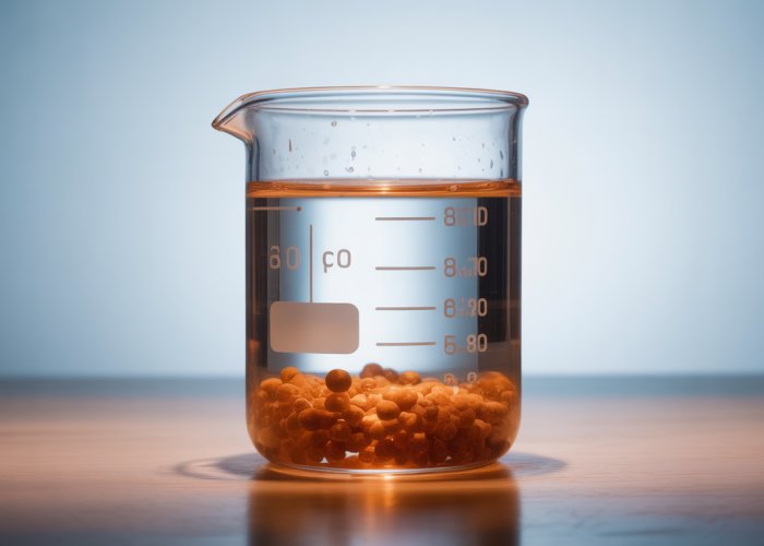 Close-up of a beaker containing a solution illustrating density differences.