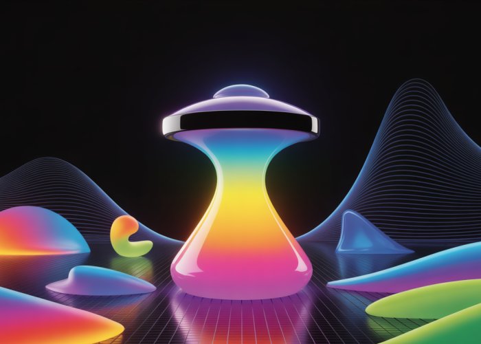 Futuristic digital art: Evolved Pixar logo with bioluminescent lamp and abstract shapes.