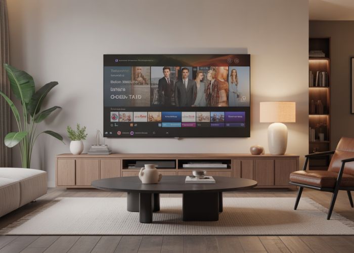 Modern living room with TV displaying design elements from popular design TV show.