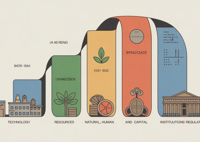 Visual representation of the factors influencing Long-Run Aggregate Supply (LRAS): Technology, Resources, and Institutions.