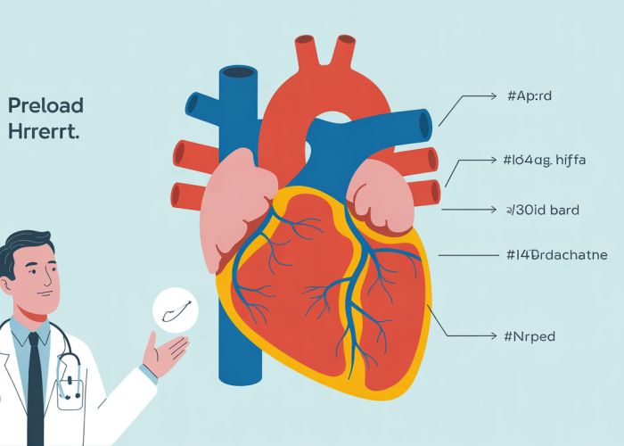 Illustration of a heart showing factors influencing preload, including venous return and atrial contraction.
