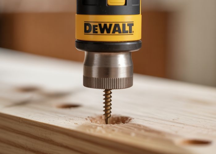 Dewalt screw extractor removing a stripped screw from wood.