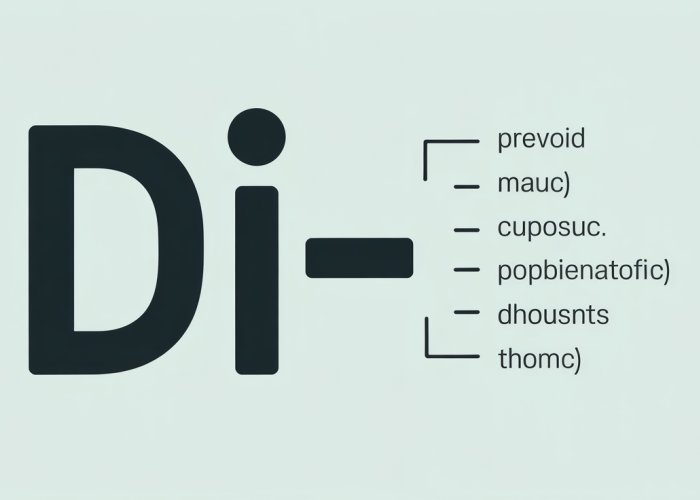 Explanation of the prefix 'di-' meaning 'two' or 'double' with examples like dioxide and dichotomy.